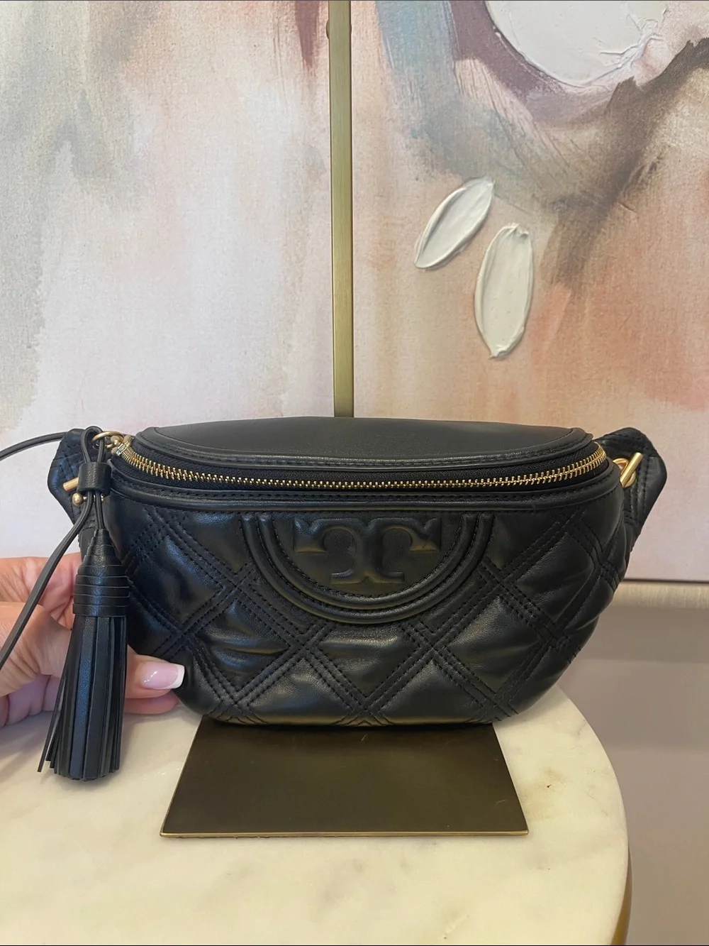 NWOT Tory Burch Black Quilted Leather Mini Belt Bag with Tassel